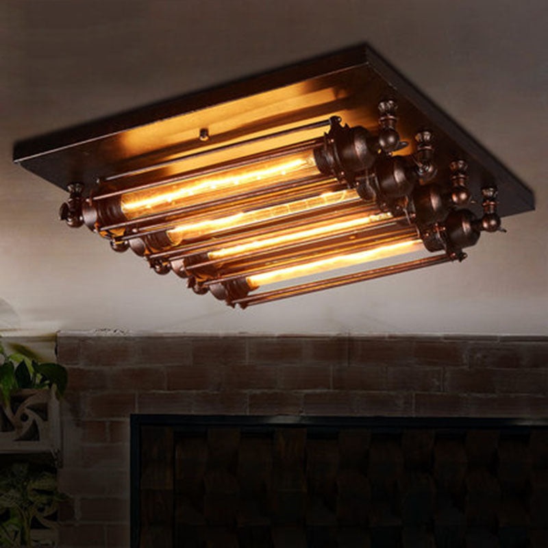 Contemporary Industrial Square Iron Glass 4-Light Semi-Flush Mount Ceiling Light For Bedroom
