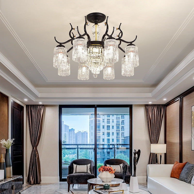 Contemporary Nordic Dome Branch Curved Rod Cylinder Glass Lampshade Iron Crystal 3/6/8/10 - Light Chandelier For Living Room