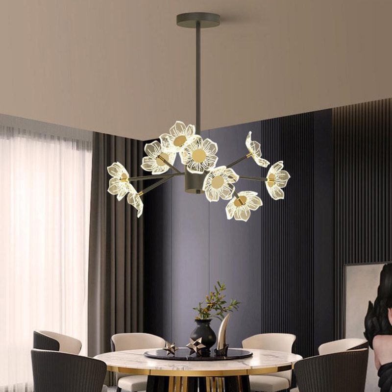 Contemporary Nordic Dome Flower Branch Rod Iron Acrylic LED Chandeliers For Dining Room