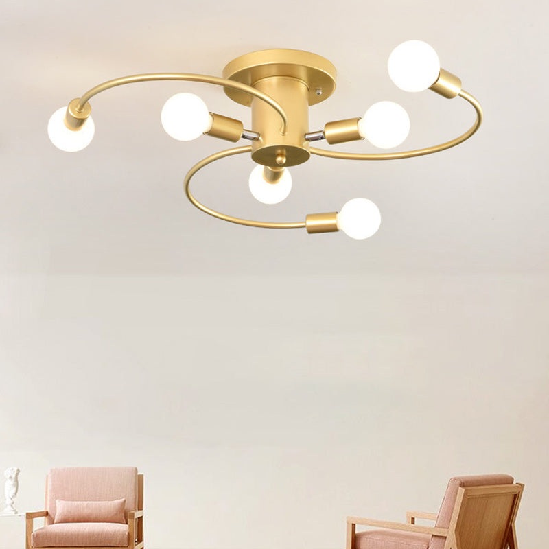 Contemporary Nordic Iron Spiral Spider 6-Light Semi-Flush Mount Ceiling Light For Living Room
