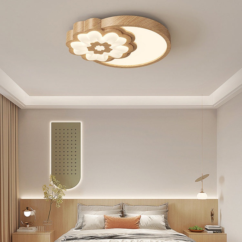 Contemporary Nordic Square Round Flower Rubber Wood PE LED Flush Mount Ceiling Light For Bedroom