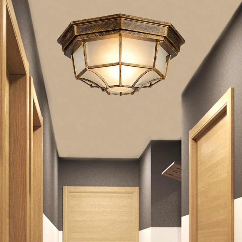 Contemporary Retro Aluminum Alloy & Glass Frosted Octagonal LED Waterproof Flush Mount Ceiling Light For Outdoor Entryway & Balcony