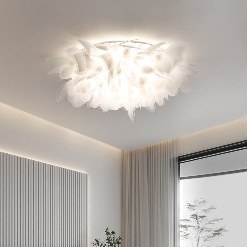 Contemporary Scandinavian Flower Feather Round Dome Iron Acrylic LED Flush Mount Ceiling Light For Bedroom