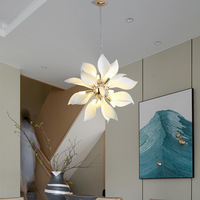 Contemporary Scandinavian Petal Round Iron Ceramic 9/12/16/20 Light Chandelier For Living Room
