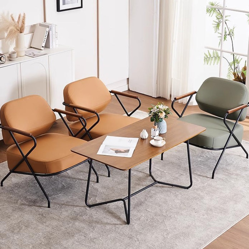Contemporary Scandinavian Square Metal Leather Accent Chair Backrest Armrest For Living Room