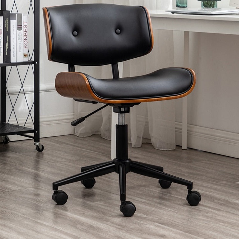Contemporary Simplicity Curved PU Leather Veneered Solid Wood Height Adjustable Swivel Desk Chair Casters For Home Office