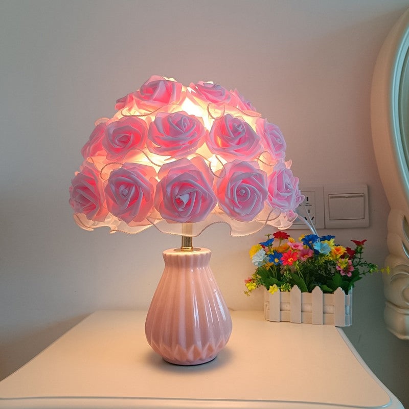 Modern Art Deco Ceramic & Fabric Rose Bouquet 1-Light Table Lamp For Bedroom & Living Room