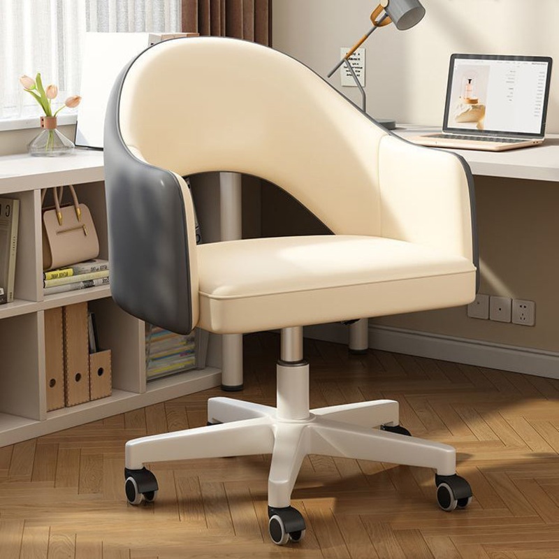 Modern Minimalist Leather & Carbon Steel Square Cushion & Curved Backrest Desk Chair, Adjustable & Movable For Home Office