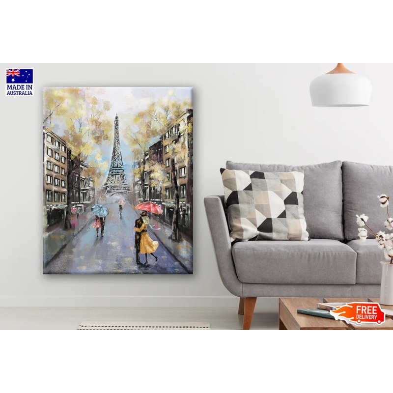 Romantic Paris Eiffel Tower & Couple Walking Painting 60x90cm Print 100% Australian Made
