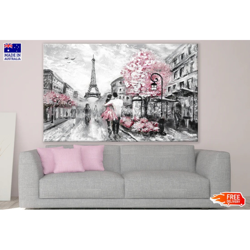 Romantic Paris Street Eiffel Tower & Flower Trees Painting 90x60cm Print 100% Australian Made