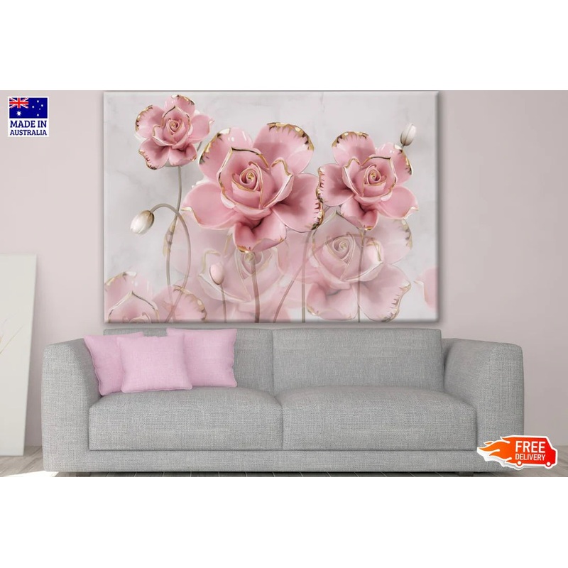 Rose Floral with Gold 3D Design 90x60cm Print 100% Australian Made