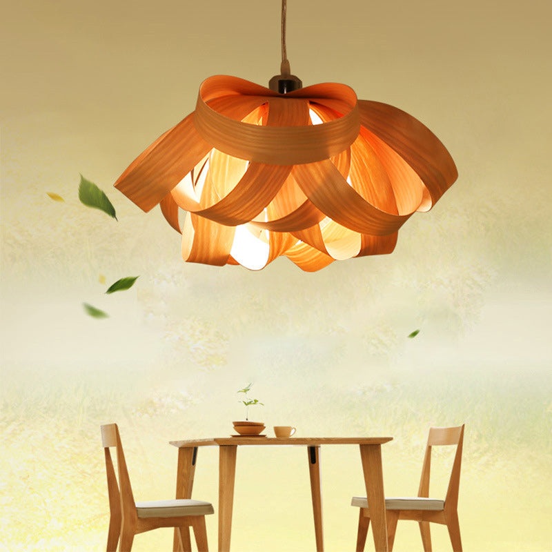 Traditional Chinese Natural Wood Veneer Ring Design 1-Light Pendant Light For Dining & Living Room