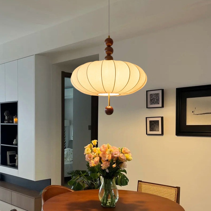 Traditional French Cream Round Cylinder Oval Hardware Wood Fabric 3/4 Light Pendant Light For Bedroom