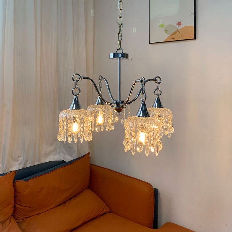 Traditional French Iron Frame Flower Glass Crystal String 4/6-Light Chandelier For Living Room