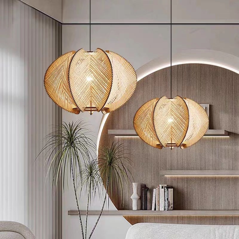 Traditional Japanese Birdcage Oval Hemp Rope Wood 1-Light Pendant Light For Dining Room