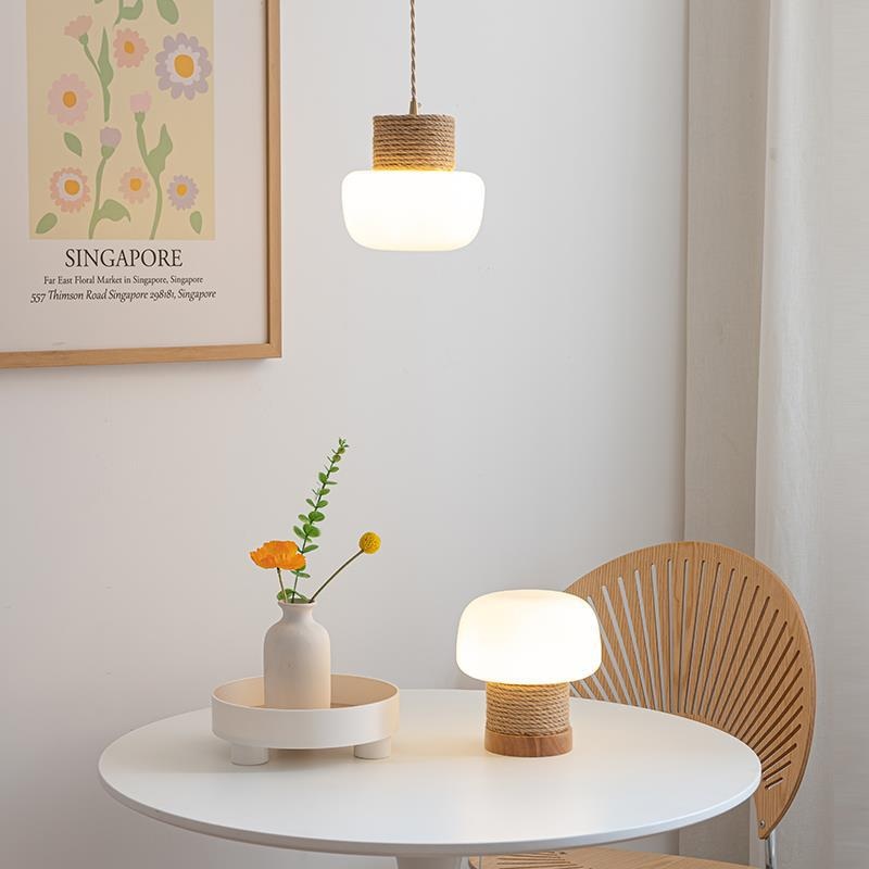Traditional Japanese Mushroom Glass Lampshade Hemp Rope Weaving Round Oak Base LED Chandeliers For Dining Room