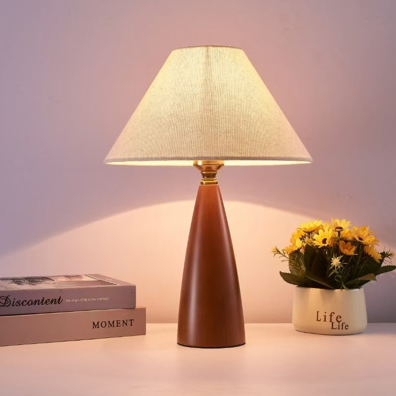 Traditional Mid-Century Cone Solid Wood Fabric 1-Light Table Lamp For Bedroom