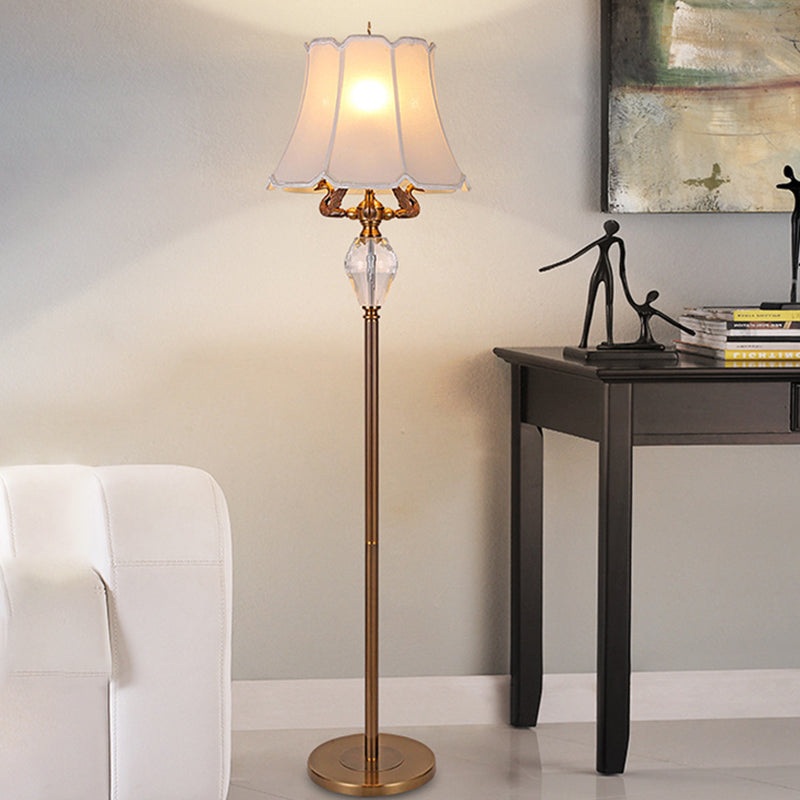 Traditional Vintage Fabric Bell Shade Crystal Carving Zinc Alloy Base 3-Light Standing Floor Lamp For Bedroom