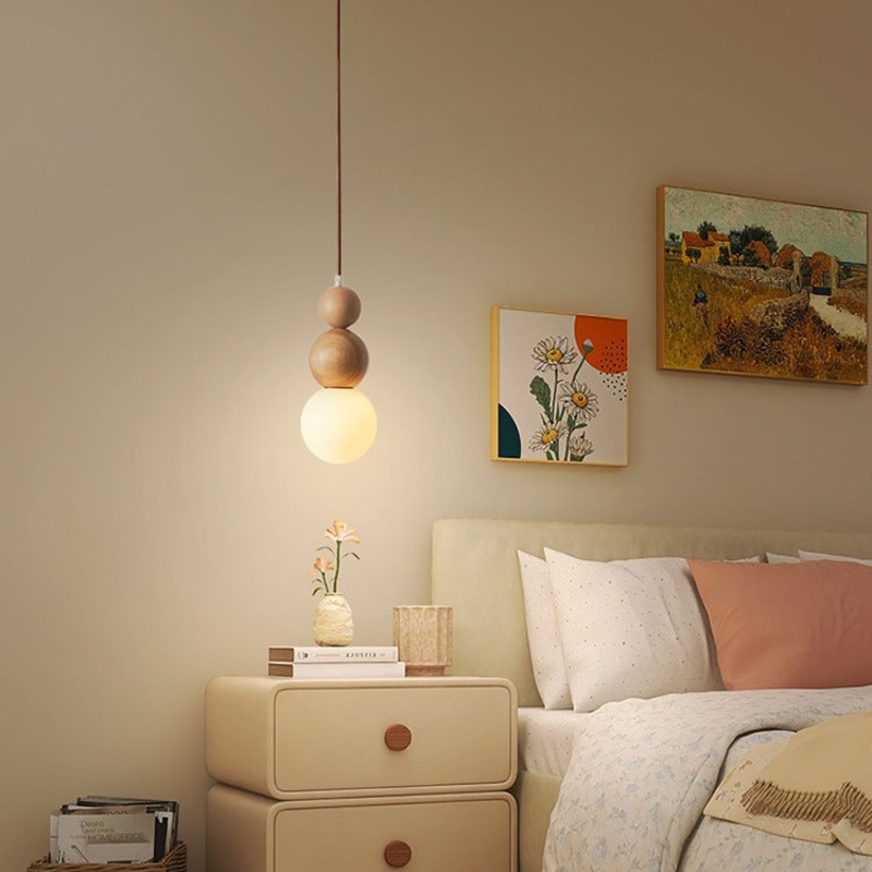 Traditional Vintage Solid Wood & Glass Round Gourd 1-Light Pendant Light For Bedroom & Living Room