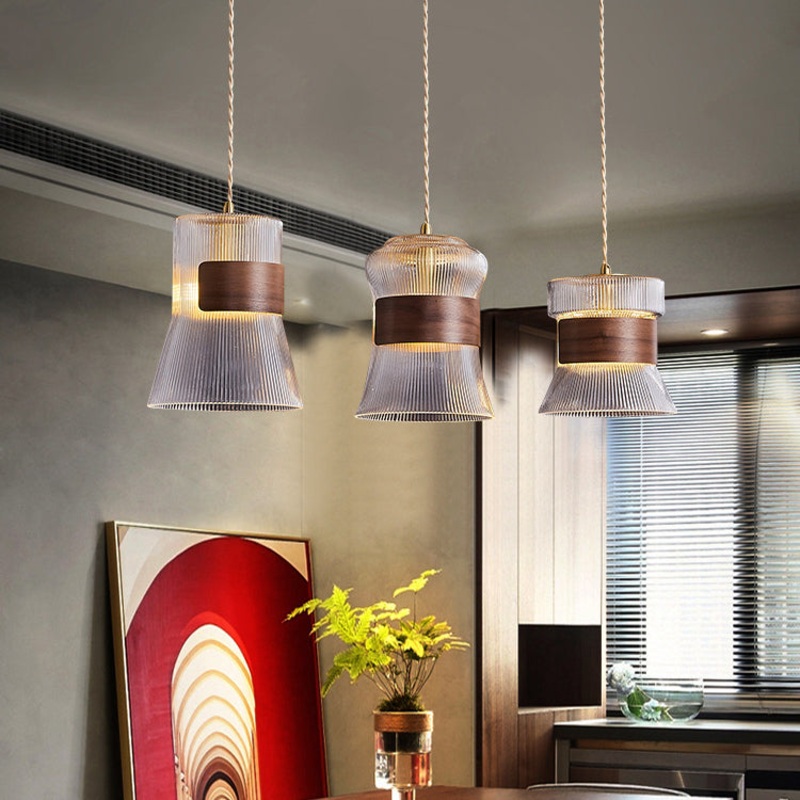 Traditional Vintage Wood, Glass & Brass Irregular Geometric Cylinder 1-Light Pendant Light For Bedroom & Living Room