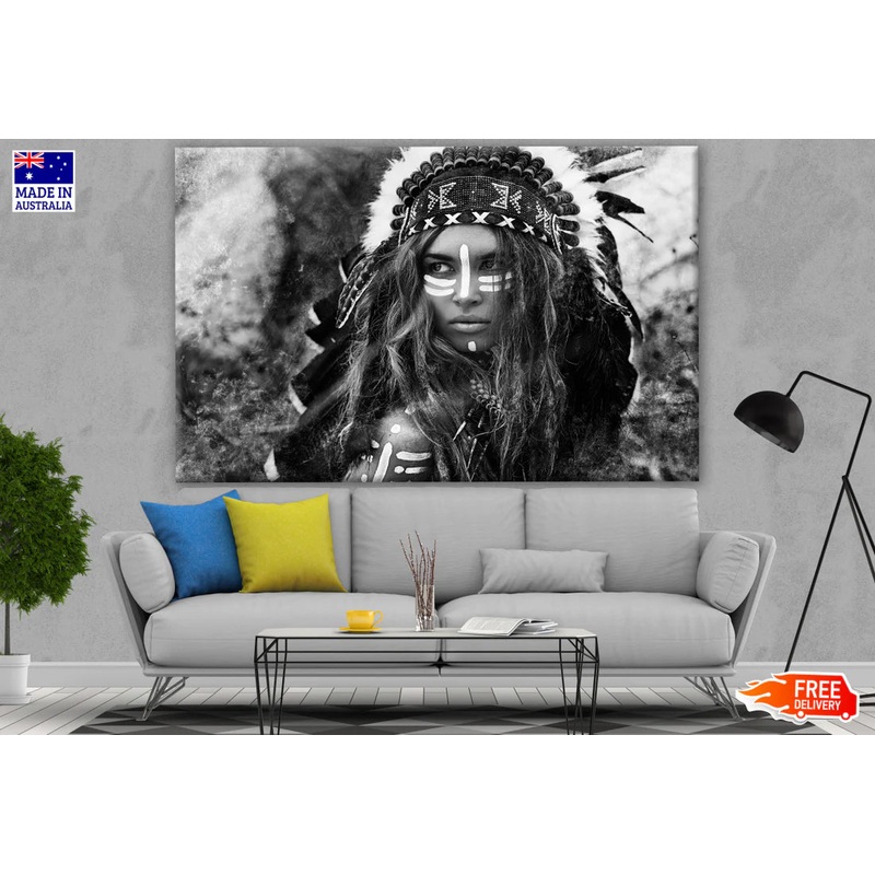 Warrior Girl with Feather Headdress B&W Photograph 90x60cm Print 100% Australian Made