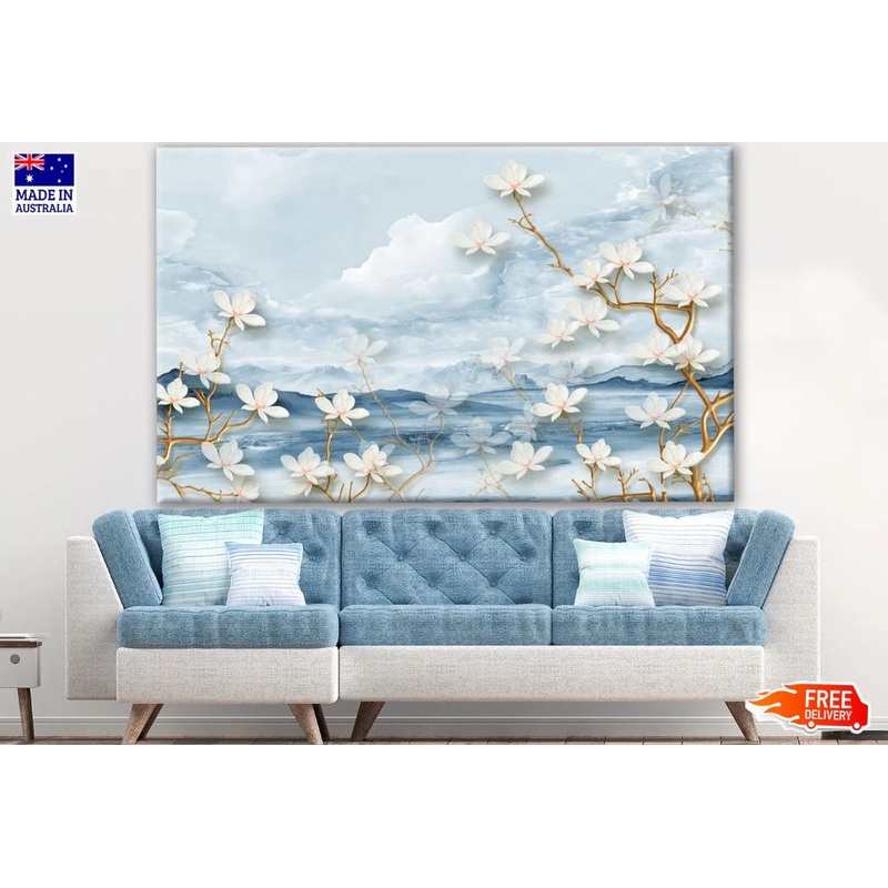 White Floral Blue Abstract Painting 90x60cm Print 100% Australian Made