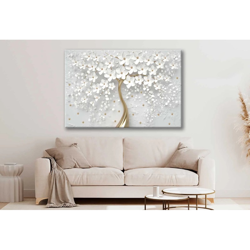 White & Gold 3D Tree, Flower with Stones 90x60cm Print 100% Australian Made