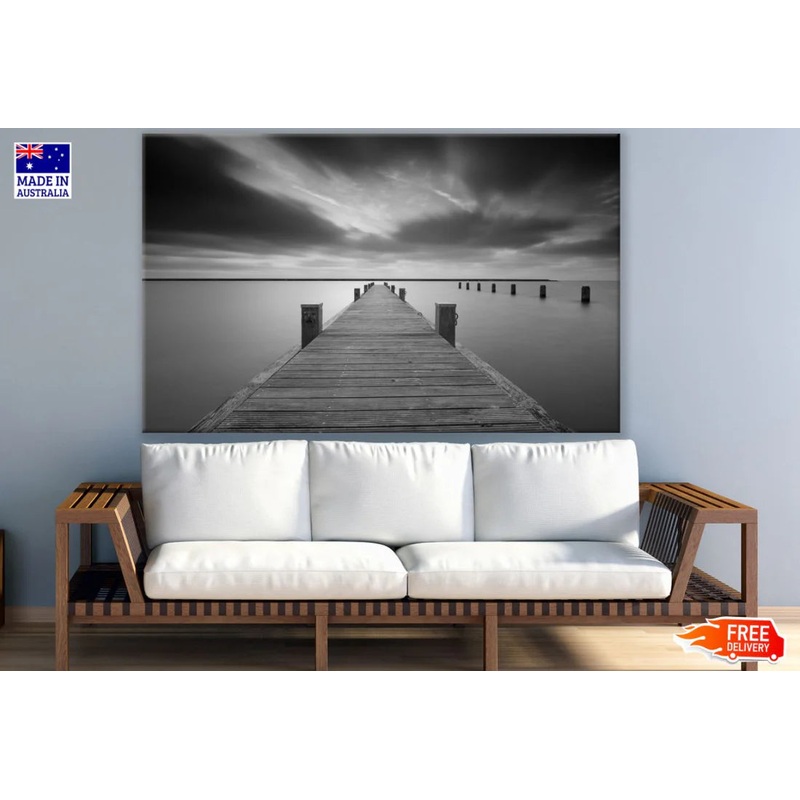 Wooden Pier Over Sea B&W View 90x60cm Print 100% Australian Made