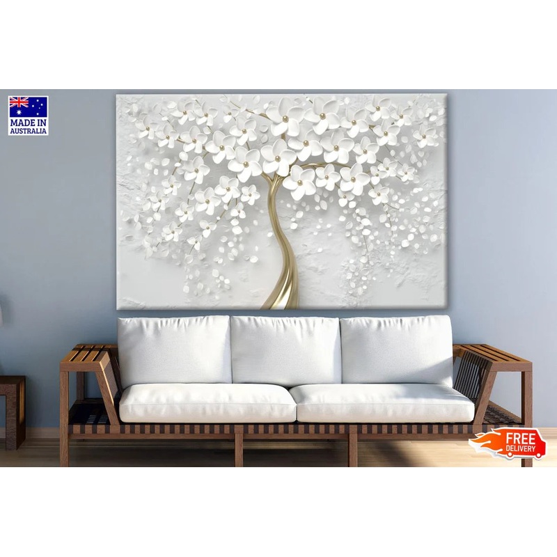 3 D White & Gold Flower Tree Design 90x60cm Print 100% Australian Made