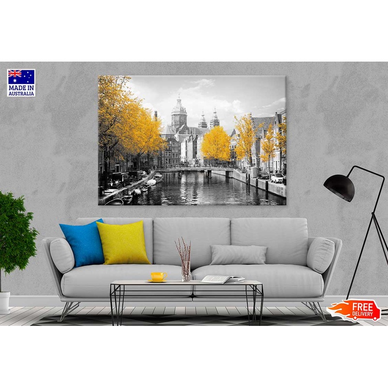 Autumn Trees B&W City Lake & Boats Photograph 90x60cm Print 100% Australian Made