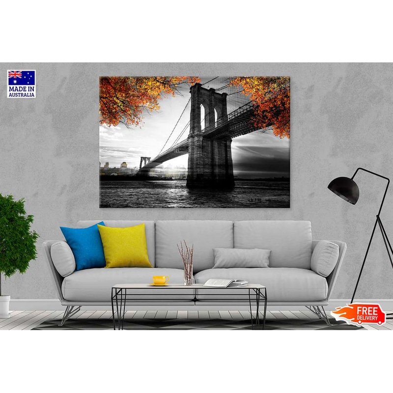 B&W Bridge & Autumn Tree View Photograph 90x60cm Print 100% Australian Made