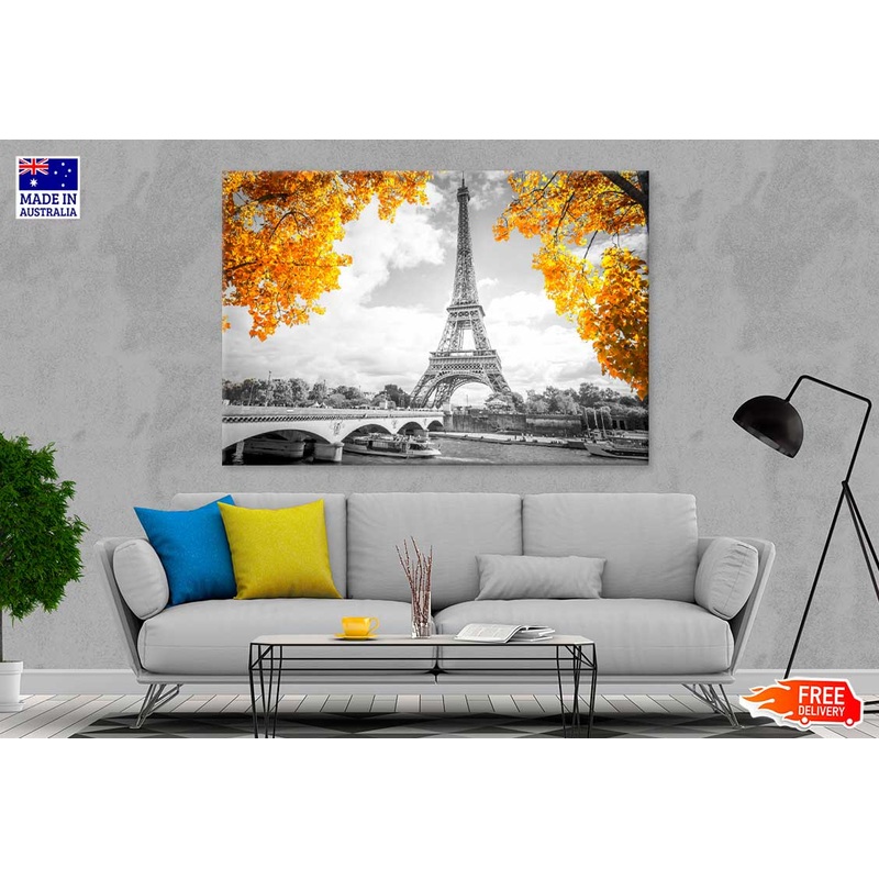 B&W Bridge near Eiffel Tower with Autumn Tree Photograph 90x60cm Print 100% Australian Made
