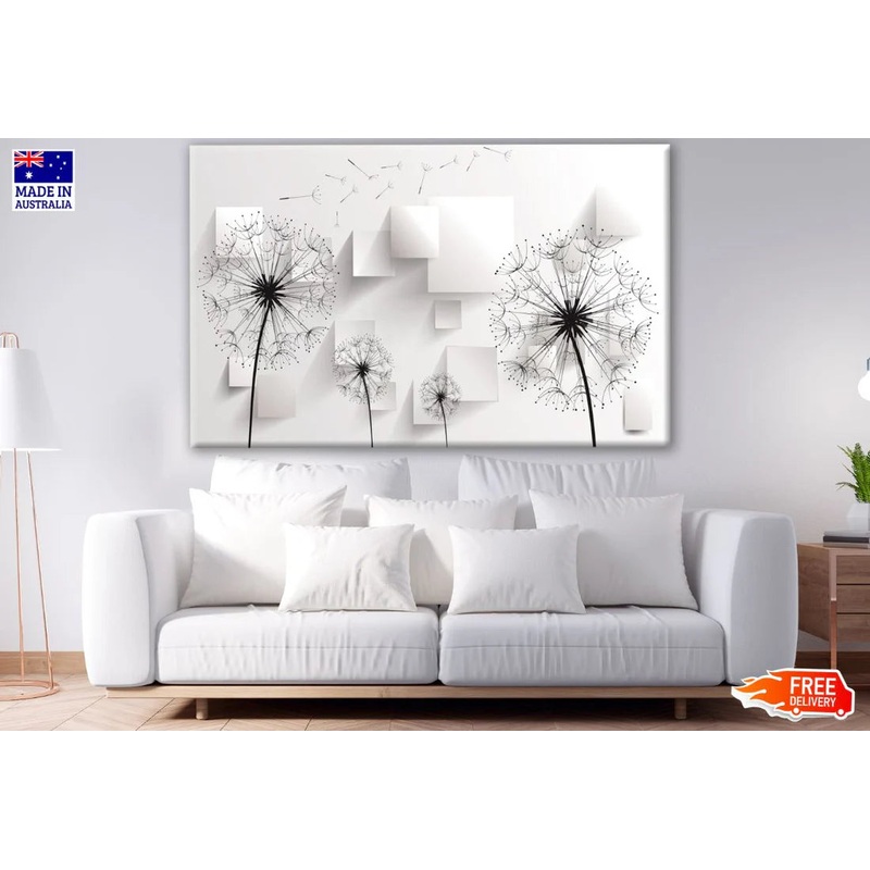 B&W Dandelion Flowers with 3 D Squares 90x60cm Print 100% Australian Made