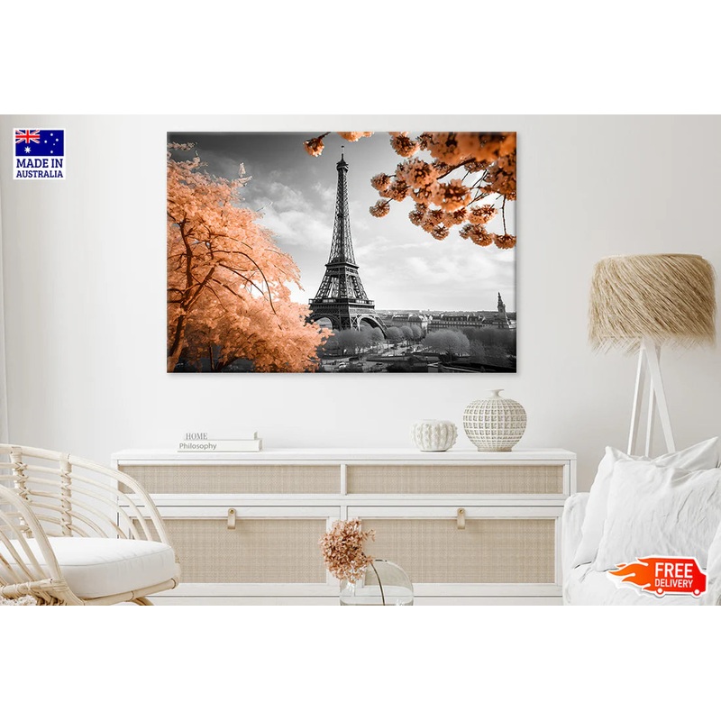 B&W Eiffel Tower Faded Flower Trees 90x60cm Print 100% Australian Made
