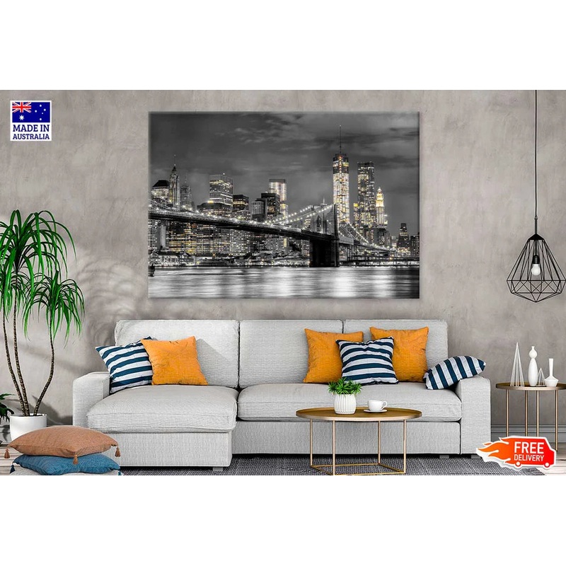 B&W Night City with Lights View Photograph 90x60cm Print 100% Australian Made