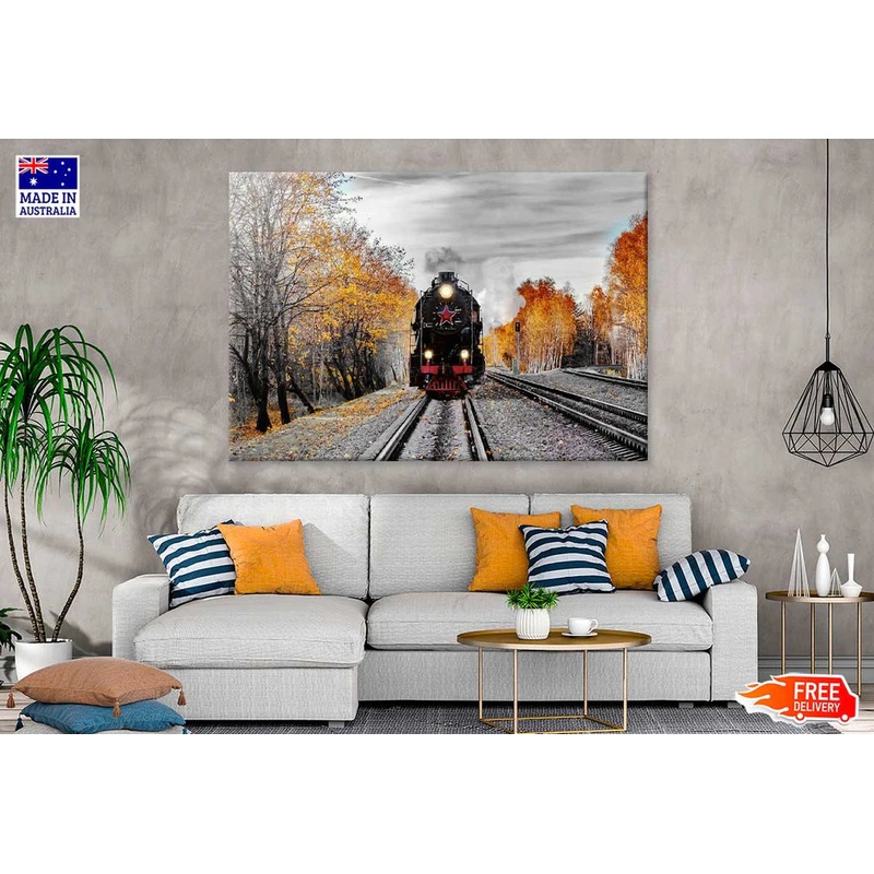 B&W Train & Autumn Trees View Photograph 90x60cm Print 100% Australian Made
