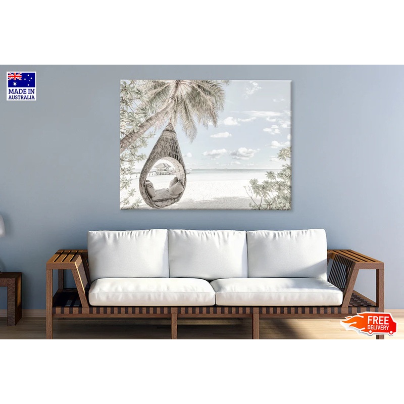 Beach Huts & Sea Palm Trees View 90x60cm Print 100% Australian Made