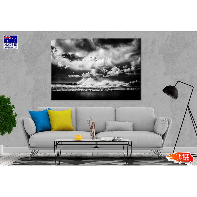 Beach On Waves & Cloudy Sky B&W 90x60cm Print 100% Australian Made