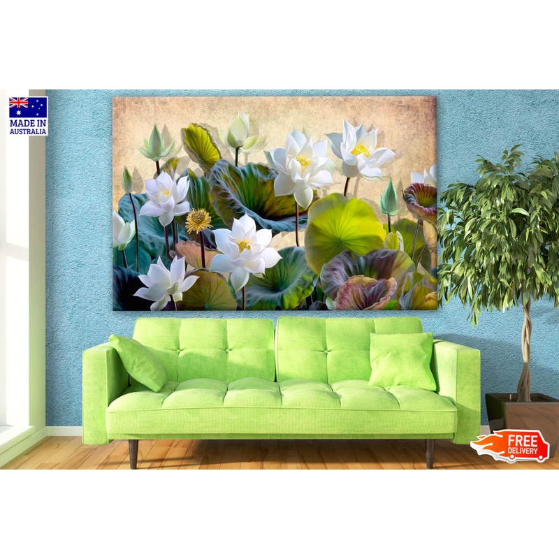Blooming White Lotus Flowers with Green Leaves Painting 90x60cm Print 100% Australian Made