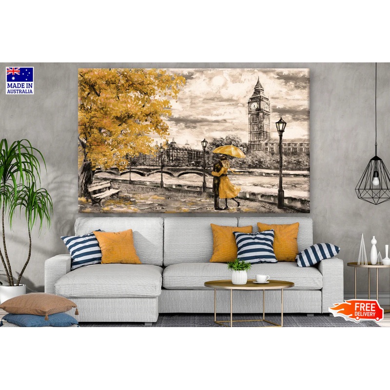 Couple Under an Yellow Umbrella in a Street of London Near Big Ben Painting 90x60cm Print 100% Australian Made