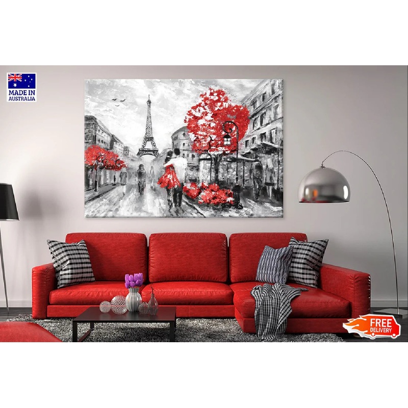 Eiffel Tower & Red Trees Oil Painting 90x60cm Print 100% Australian Made