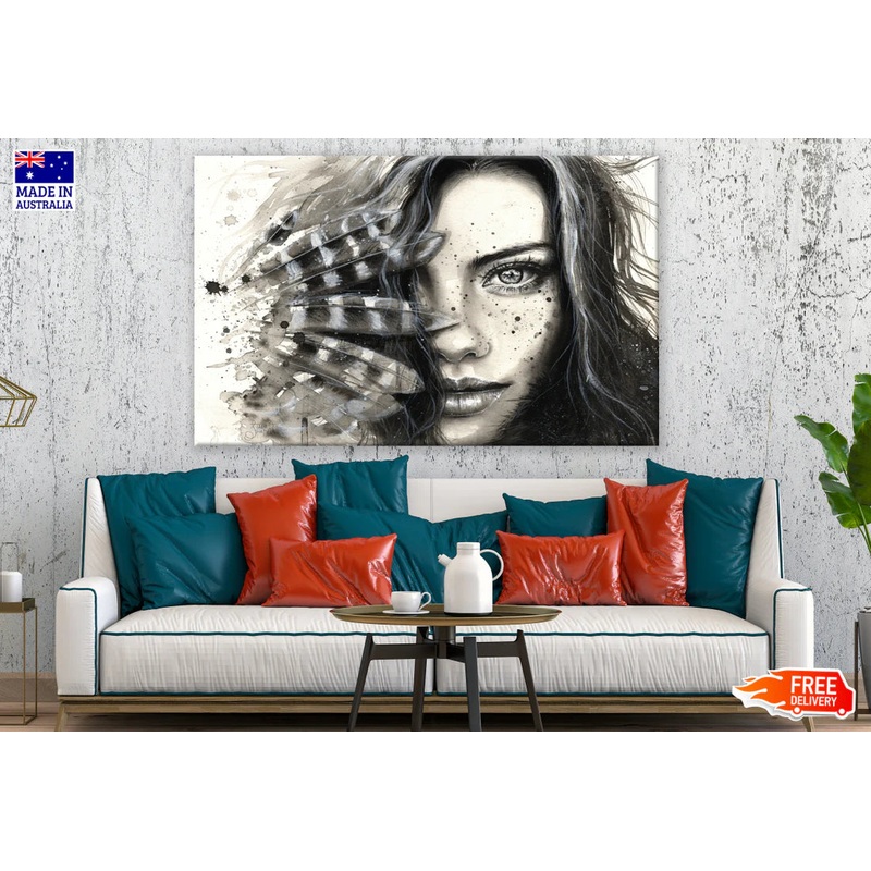 Girl Face Portrait with Feathers Black & White 90x60cm Print 100% Australian Made