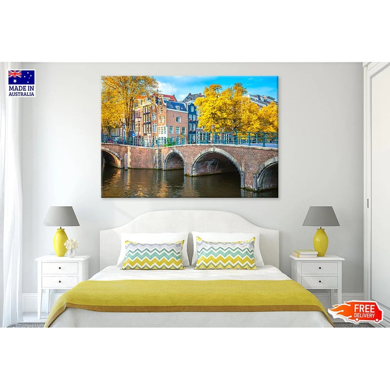 Houses & Bridge Cityscape Autumn 90x60cm Print 100% Australian Made