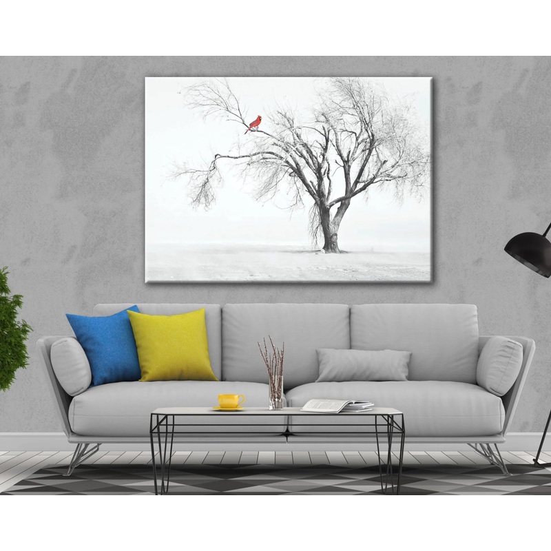 Red Bird Forest trees Modern Painting Black & White 90x60cm Print 100% Australian Made