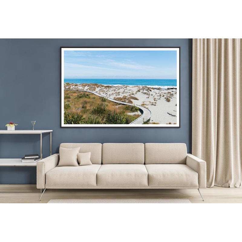 Sand Beach with Wooden Walking Path and Coast Skyline Background Home Decor Premium Quality Poster Print Choose Your Sizes