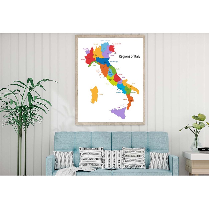Italy Map with Regions and Main Cities Home Decor Premium Quality Poster Print Choose Your Sizes