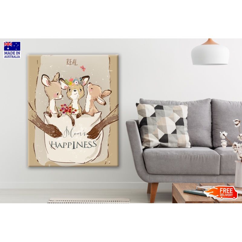 Kangaroo Mom with Little Kids on her Sac Print 100% Australian Made