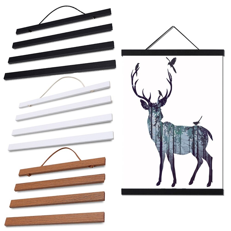 Magnetic Poster Frame Teak Wooden Hanging Scroll Wall Art Poster Hanger no tools
