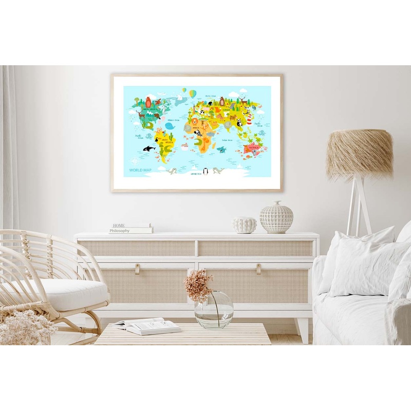 Map Of the World with Cartoon Animals Home Decor Premium Quality Poster Print Choose Your Sizes