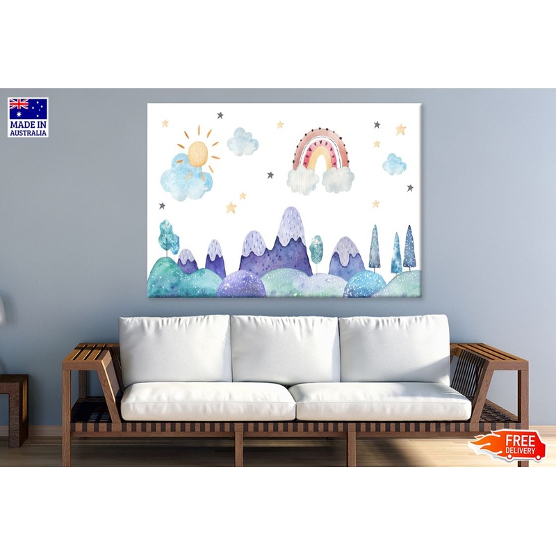 Mountains Sky & Sun with Stars Watercolor Painting Nursery & Kids Print 100% Australian Made